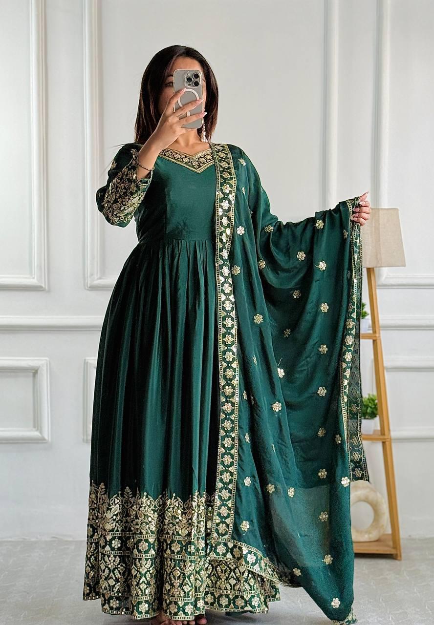 Glamorous Cinon Silk Gown-Pant Dupatta Set