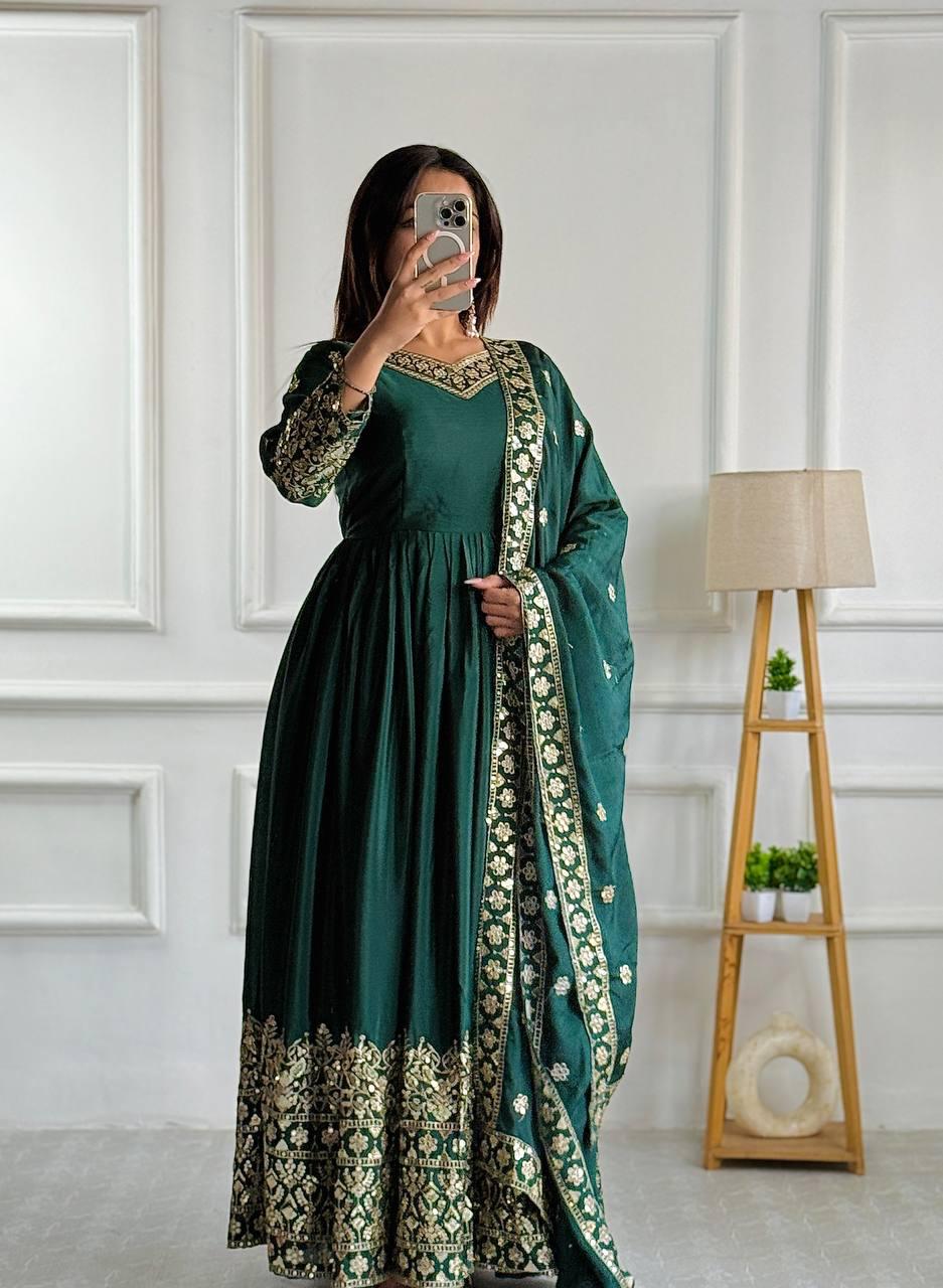 Glamorous Cinon Silk Gown-Pant Dupatta Set