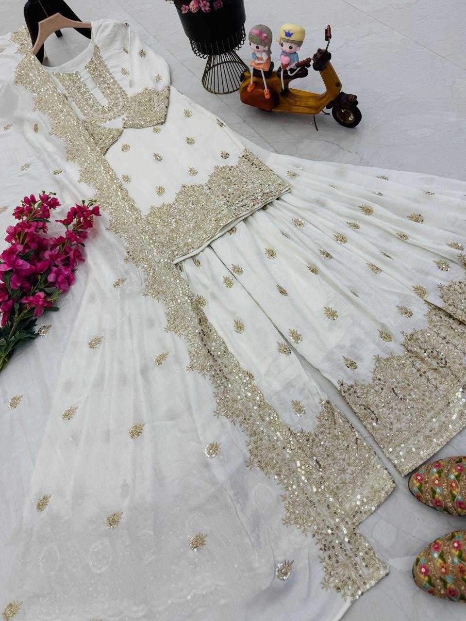 White & Gold Vichitra Silk Embroidered Sharara Set