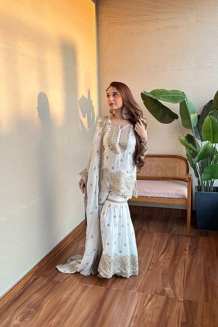 White & Gold Vichitra Silk Embroidered Sharara Set