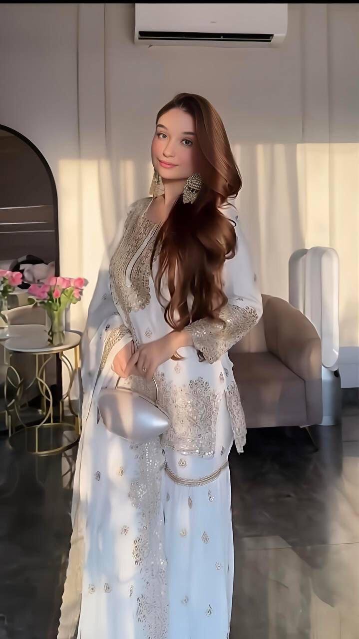 White & Gold Vichitra Silk Embroidered Sharara Set