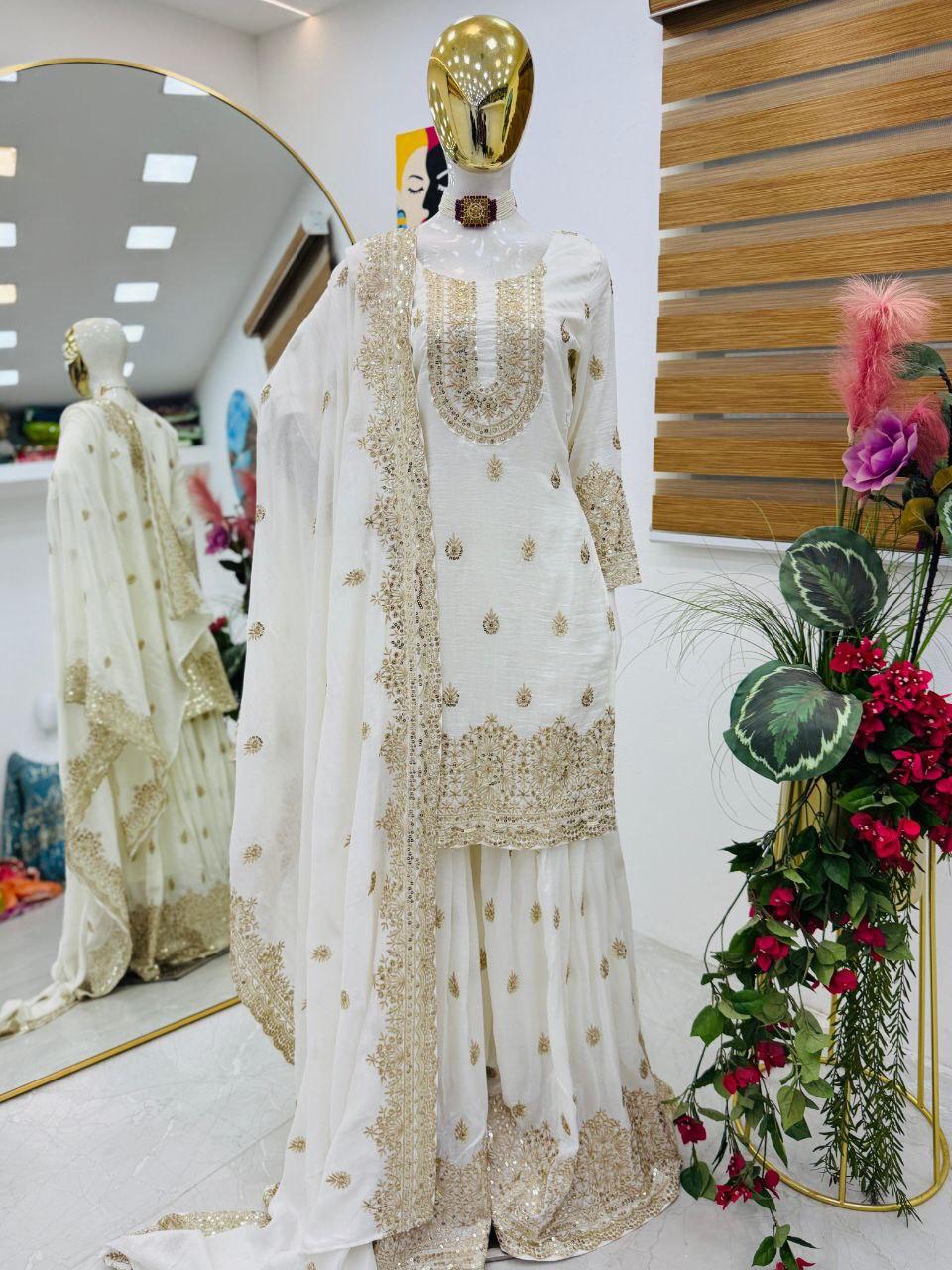 White & Gold Vichitra Silk Embroidered Sharara Set