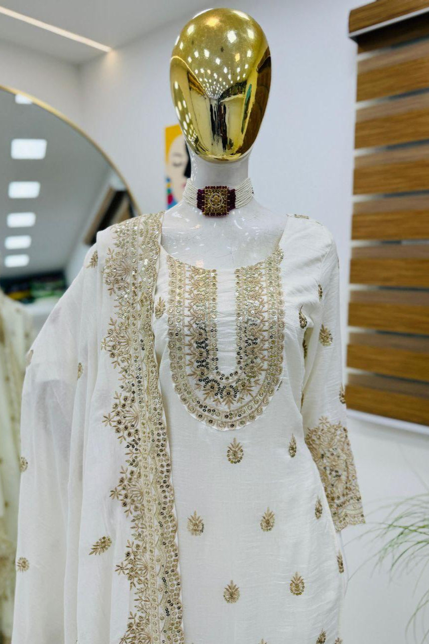 White & Gold Vichitra Silk Embroidered Sharara Set