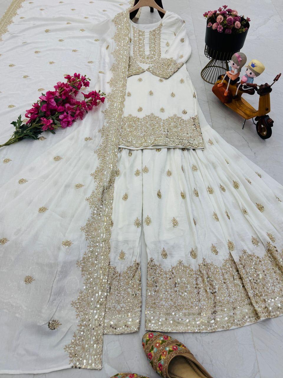 White & Gold Vichitra Silk Embroidered Sharara Set