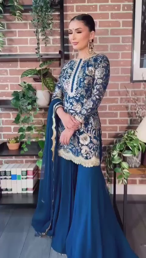 Elegant Navy Blue Faux Georgette Sharara Suit